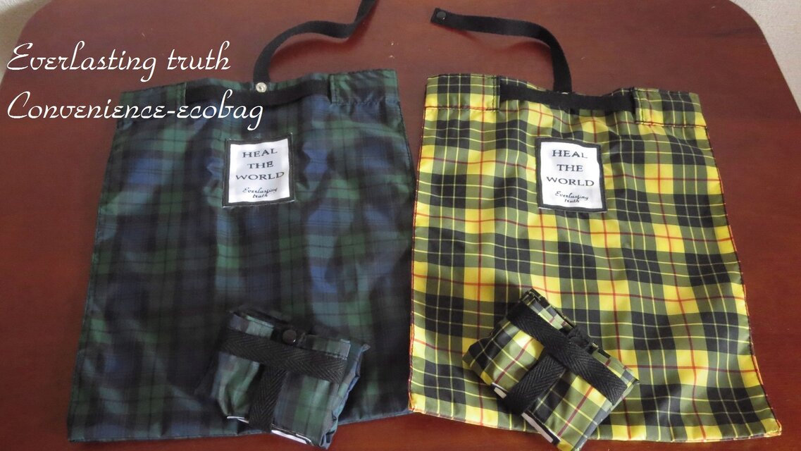 撥水加工＊しゅっと楽にたためるコンパクト　コンビニエコバッグ　タータンチェック・グリーン　Mサイズ