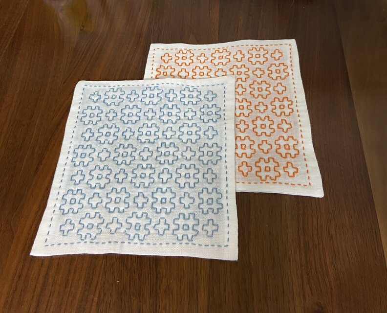 刺し子♡ふきんミニ　(井桁/オレンジ・ブルー)