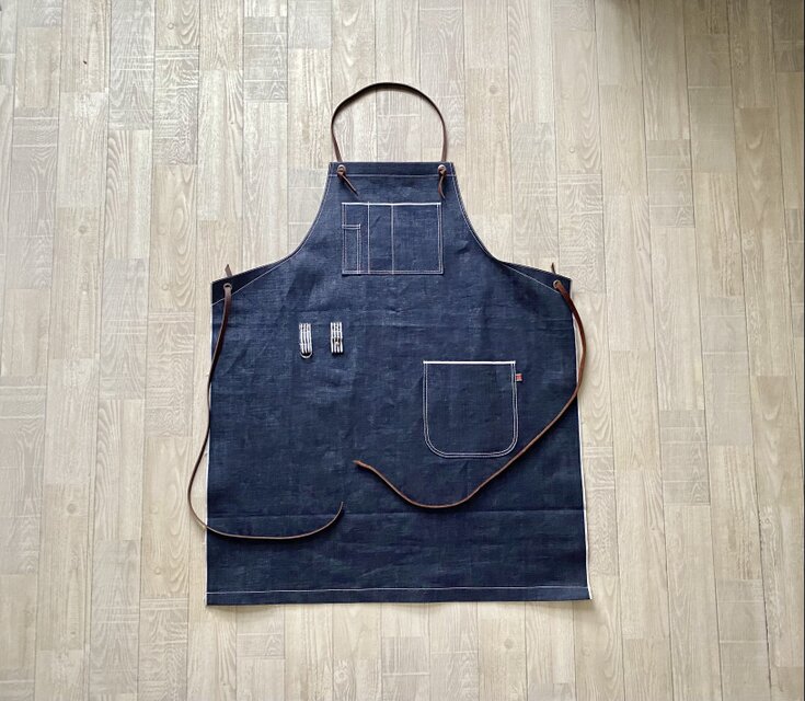 ロング丈デニムエプロン14oz岡山産セルビッジデニム×本革☆アウトドア