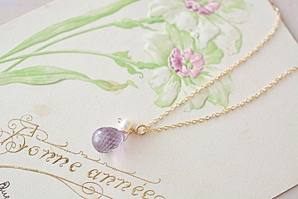 ＊14kgf＊アメジスト(ドロップカット)×淡水パールのネックレス