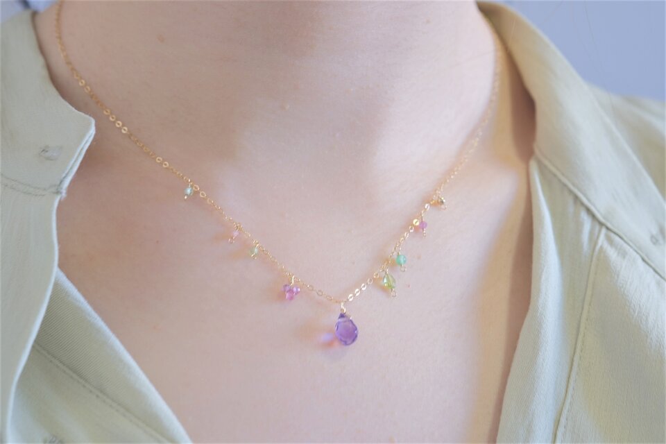 Blooming necklace:アメジスト×ルビー×ペリドット 天然石ネックレス 14KGFチェーン ハンドメイド