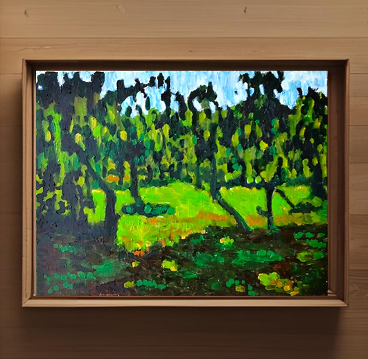 原画「果樹園の中に漂う夕方の光3」F6・油彩画 | iichi 日々の暮らしを