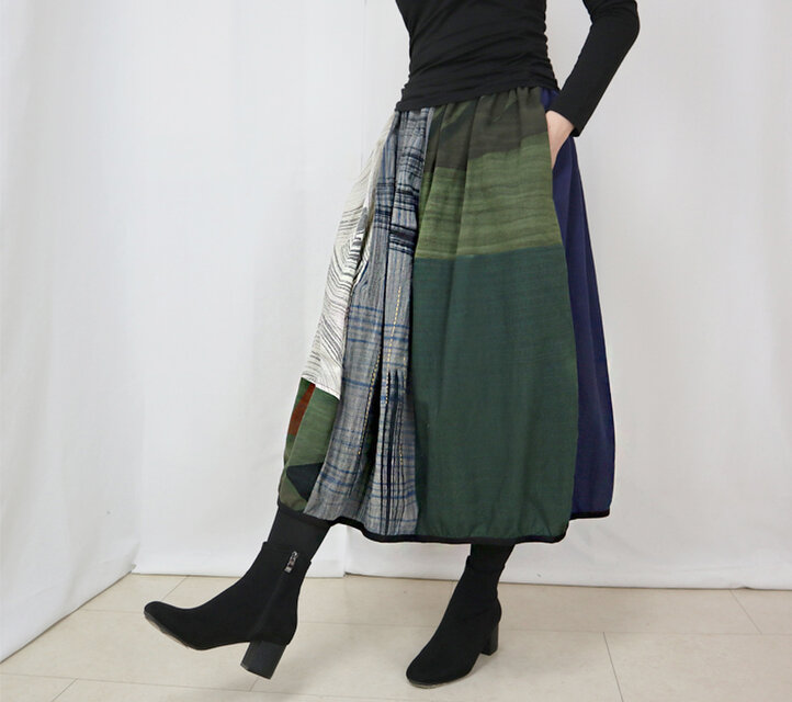 草木染め、手織り綿のパッチワークバルーンスカート、フリーサイズ