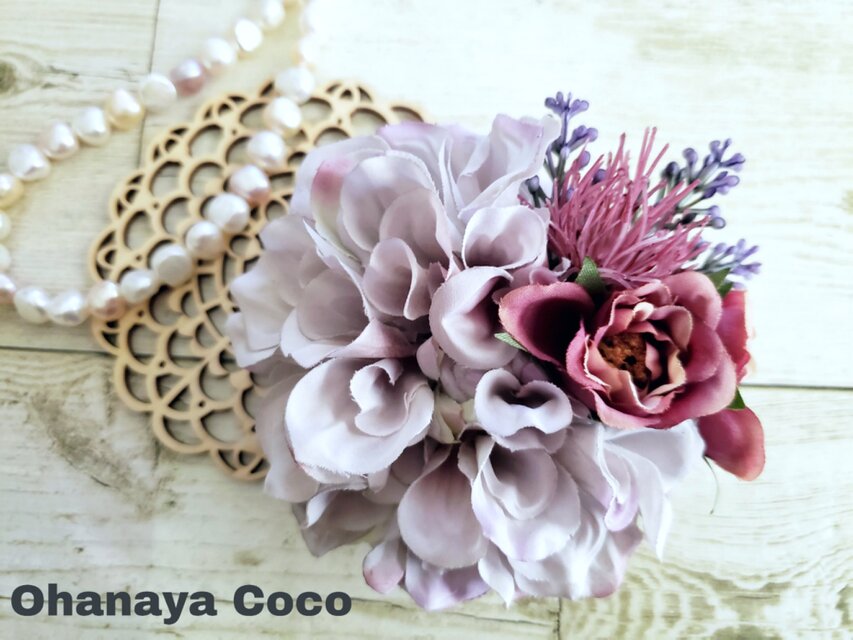 パープル系ダリアとローズのコサージュ No2021006