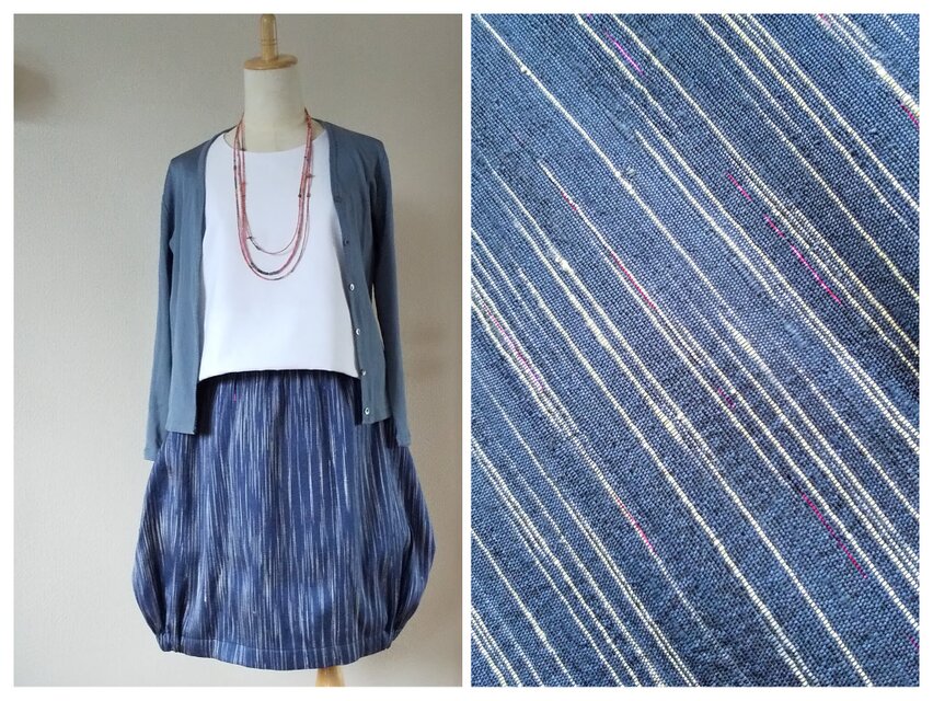 タイhandmadeシルク バルーンスカート 紺青系～ピンクのラメ線
