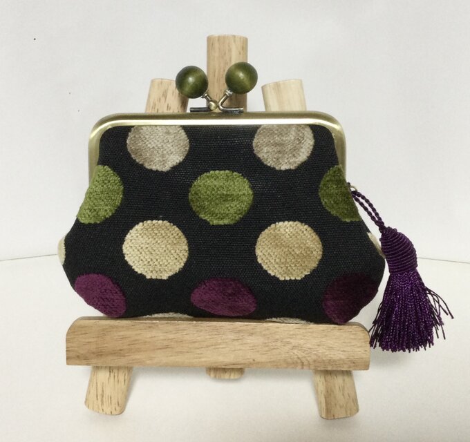 輸入生地　スペイン　ドット　木玉親子がま口ミニ財布　