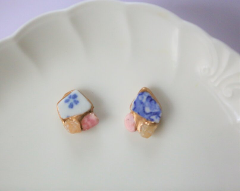 金継ぎｘ天然石ピアス イヤリング（シー陶器、インカローズ、ヒマラヤゴールドアゼツライト)