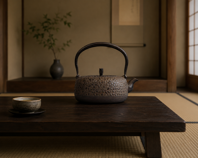 南部鉄器 鉄瓶 岩戸賢一郎作 平丸小桜1.2L 内面漆焼付・酸化被膜仕上