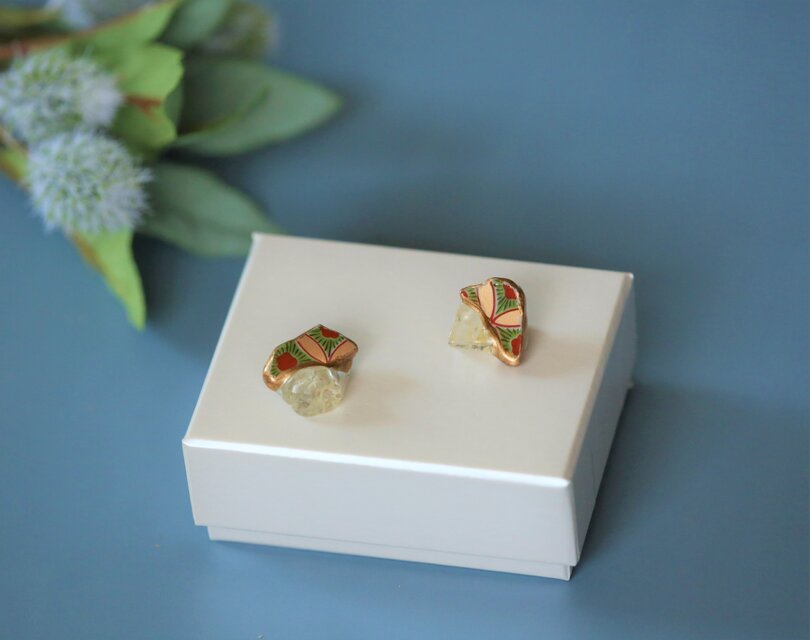 有田焼 陶片 x 金継ぎ ピアス イヤリング (シトリン)