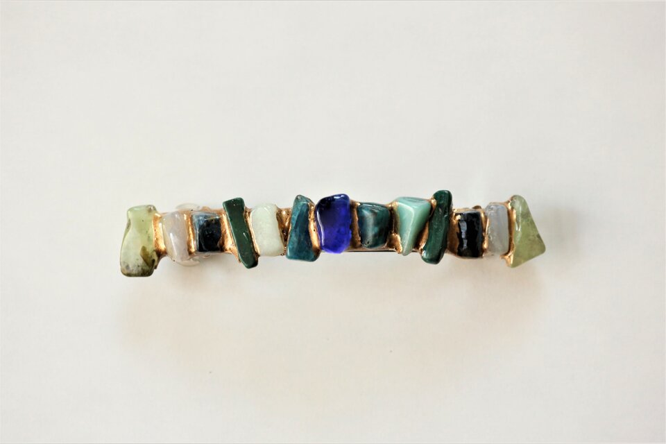 天然石とステンドグラス の 金継ぎ バレッタ(ブルー)