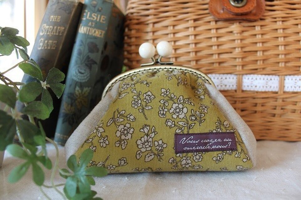 リネンとコーデュロイのがまぐちポーチ*送料無料*