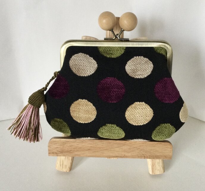 輸入生地　スペイン　ドット　木玉親子がま口ミニ財布　