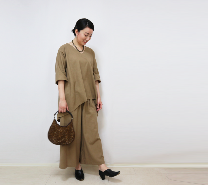SALE☆コットンリネンのワイドパンツ、便利なトップス付き、サンドベージュ