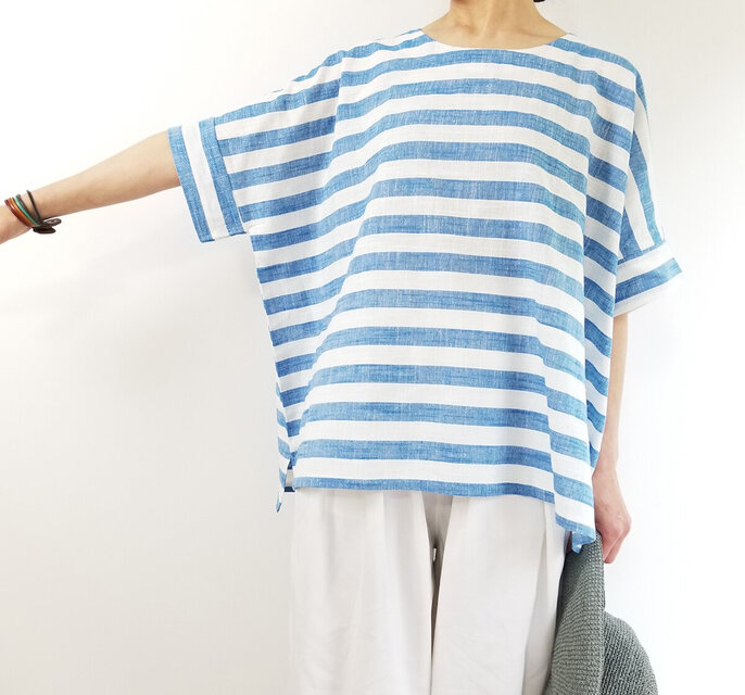 太ボーダーコットンリネン ゆったり落ち感Tシャツ ブルー | iichi 日々