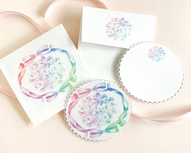 紫陽花とリボンのダイカットメッセージカード５枚　封筒付き