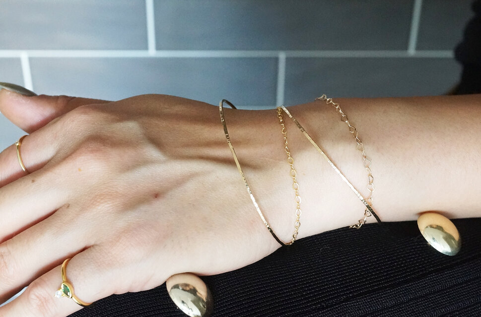 【14KGF】Hammered Open [Figaro/Heart] Chain Wire Bangle