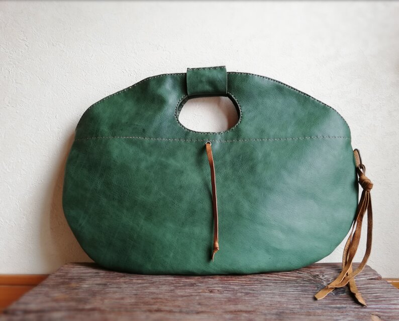横長まんまるtote　グリーン✗ブラウン　オイルシュリンクレザー