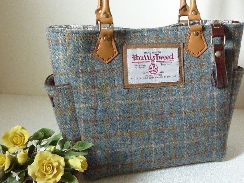 サイドポケットバッグS（ハリスツイード：ブルー系チェック）