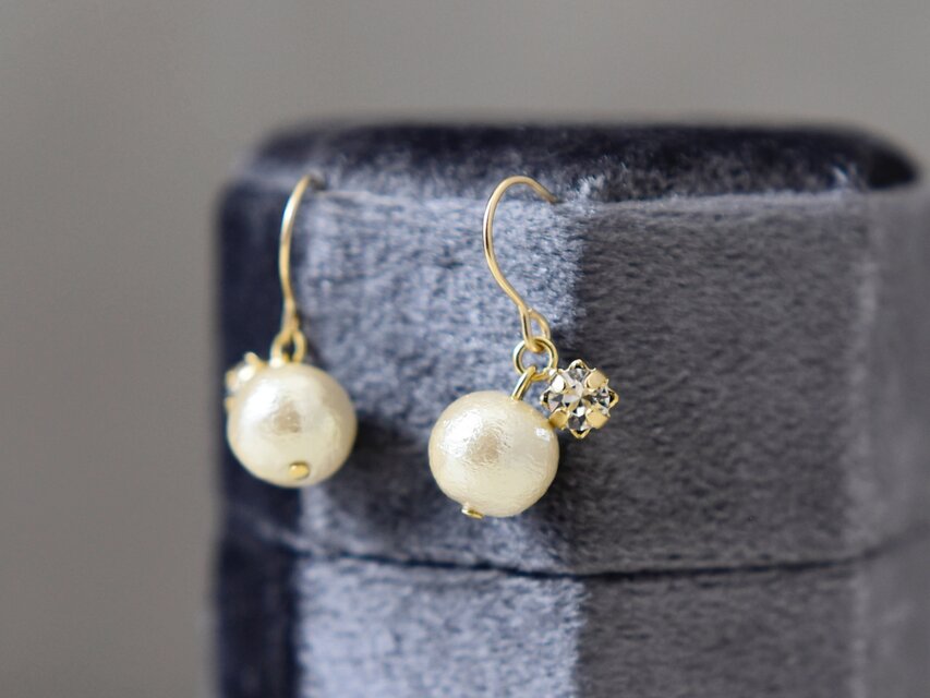 【14kgfピアス】1粒 コットンパール クリスタル ビジュー