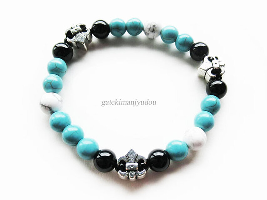 〈ユニセックス・メンズ〉紋章×ターコイズ×オニキス×ハウライト†ブレスレット【サイズ変更可】