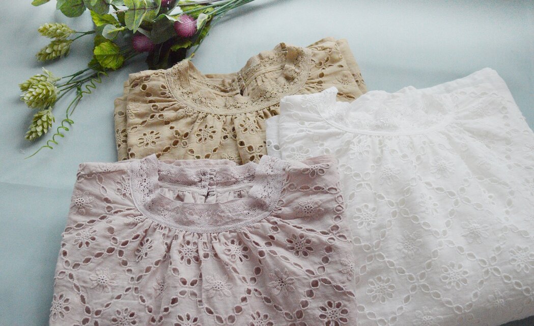 【カラシイエロー】リネン100％スカラップ刺繍+レースでゆったり大人可愛い長袖トップス♪