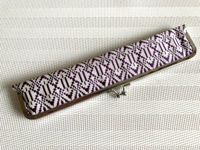 ★扇子ケース　がま口タイプ　白地に紫 博多献上帯　24センチ★