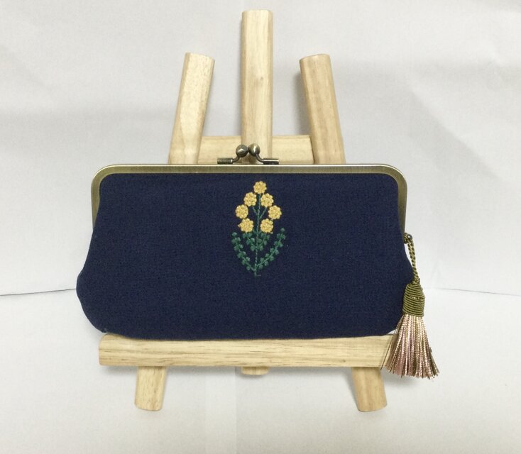 シンプル　親子がま口長財布　ミモザ　刺繍