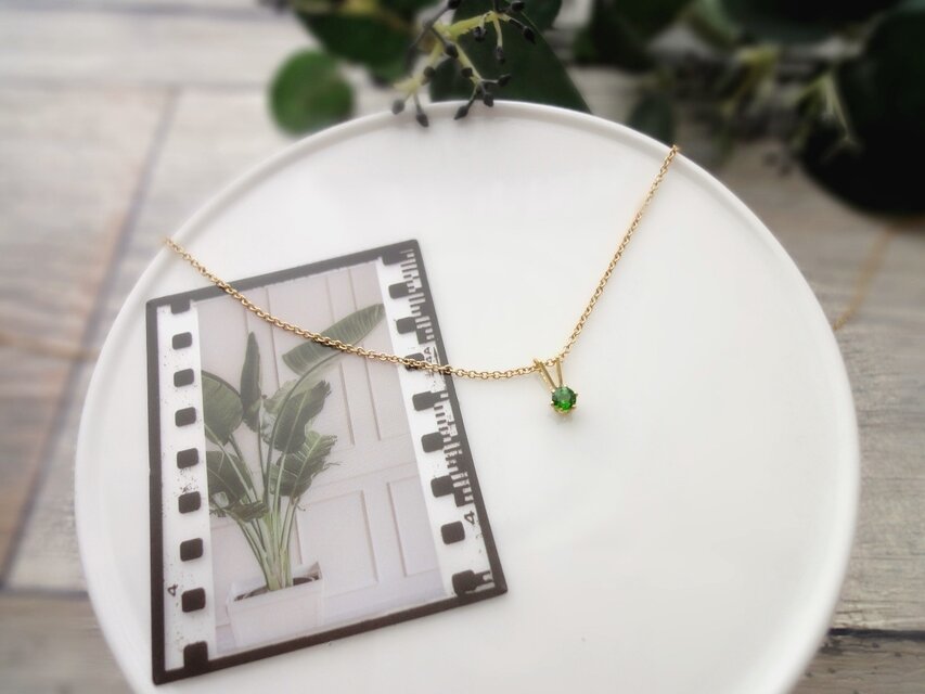 天然石のネックレス ■ クロムダイオプサイド ■ 立て爪 ラウンド 3mm  14KGF