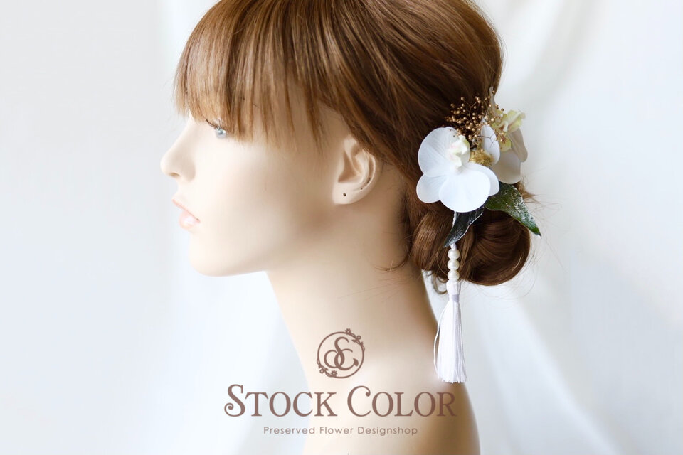 ミニ胡蝶蘭とかすみ草のヘッドドレス ヘアアクセサリー 髪飾り 