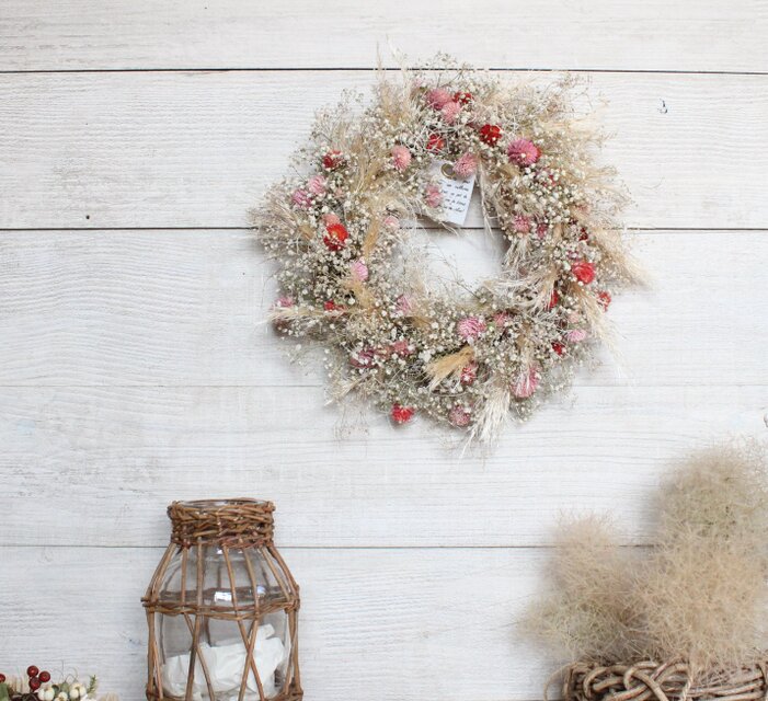 かすみ草と千日紅のリース パンパスグラス ドライフラワーリース