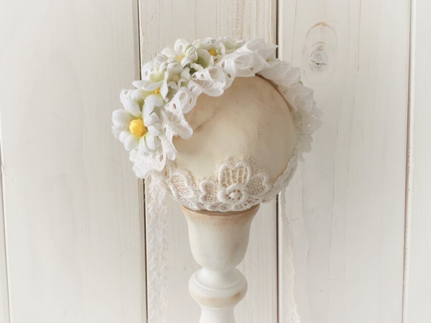 ドール用レースと染め花のヘッドドレス（M・デイジー・ホワイト×グリーン）