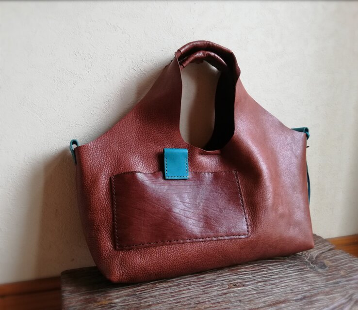 BASKET tote　濃いブラウン✗セルリアンブルー　オイルシュリンクレザー
