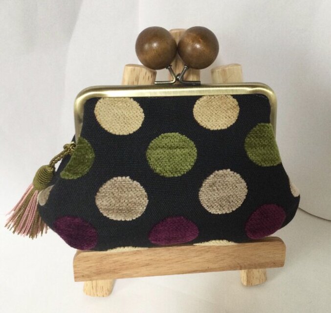 輸入生地　スペイン　ドット　大きめ木玉親子がま口ミニ財布　