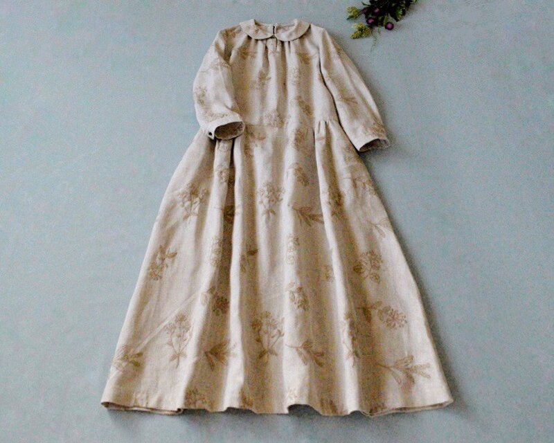 ★秋冬ワンピース★リネン100%総刺繡丸衿ポケット付き九部袖大人可愛いロングワンピース♪