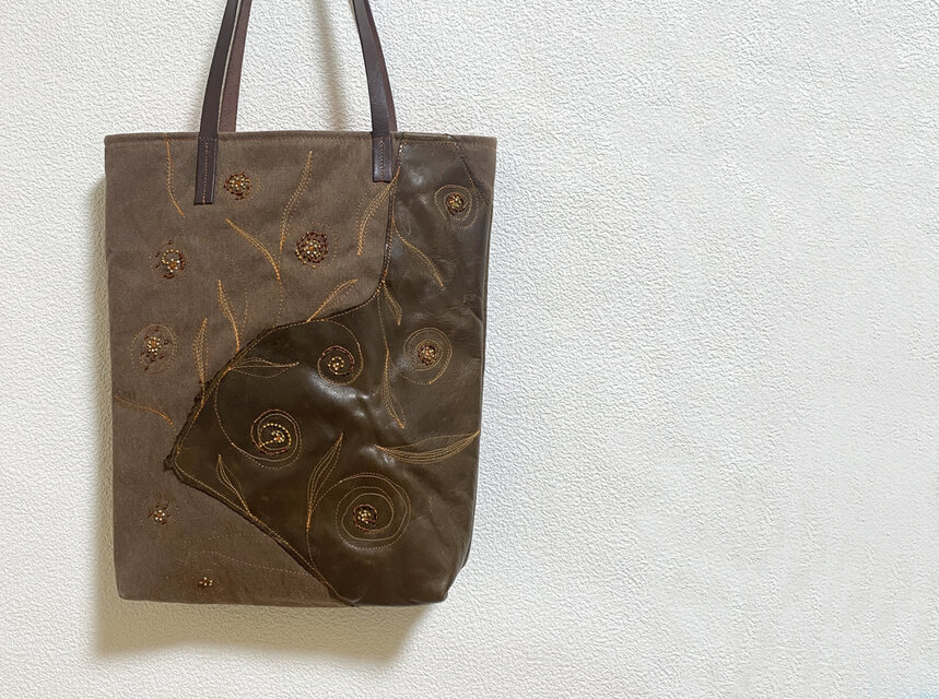 ヴィンテージ革＋帆布＋刺繍かばん