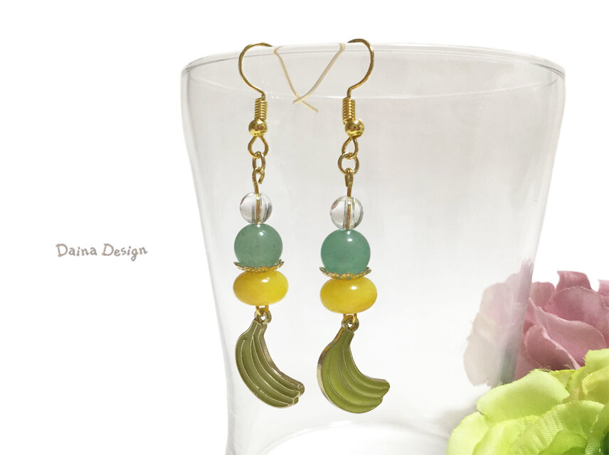 アベンチュリン 水晶 ピアス イヤリング　グリーン　砂金水晶　緑 クリア 天然石 ☆ ダイナデザイン ☆ ゴールド カラー