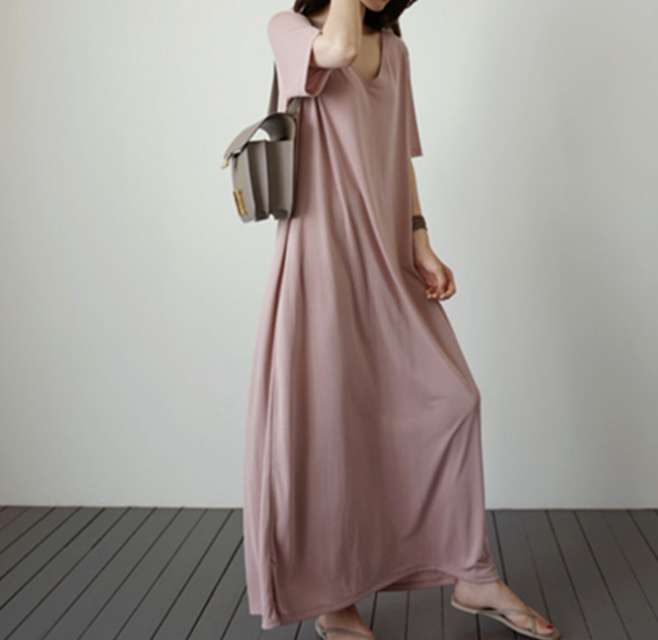 送料無料♪モーダルコットンTシャツロングスカート 半袖Vネックワンピース/ゆったり 棉100%