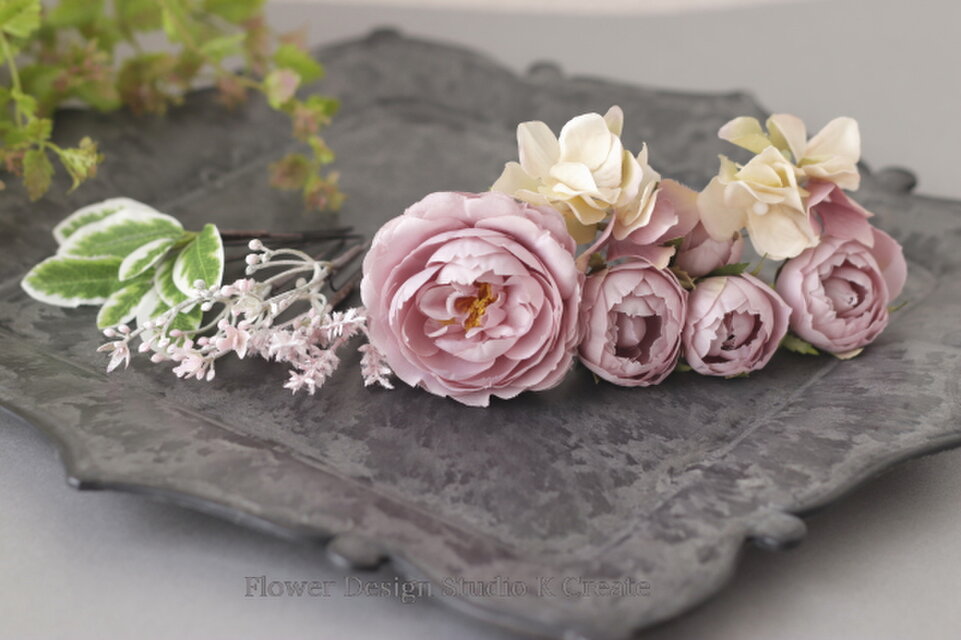 くすみピンクの薔薇と紫陽花のヘッドドレス（14本セット