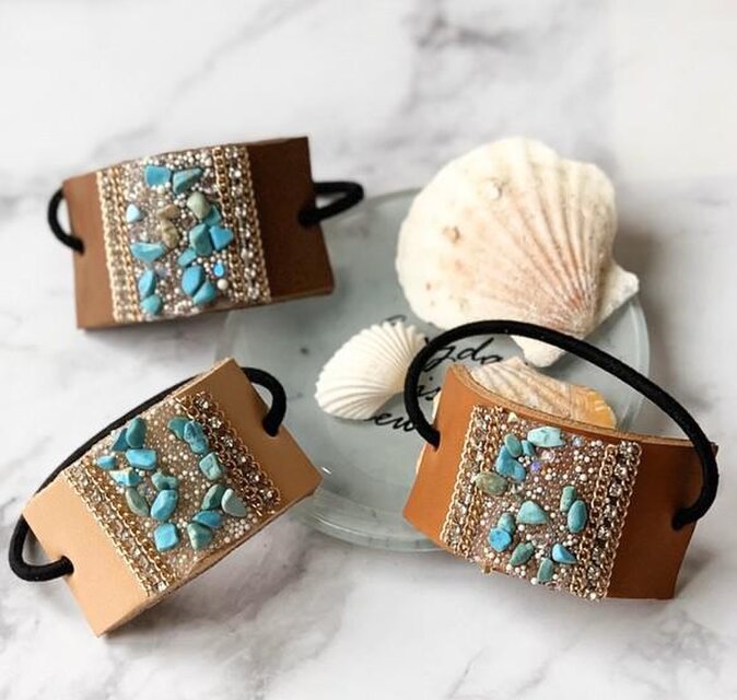 ターコイズ レザーヘアゴム ゴールド/8622133/こげ茶