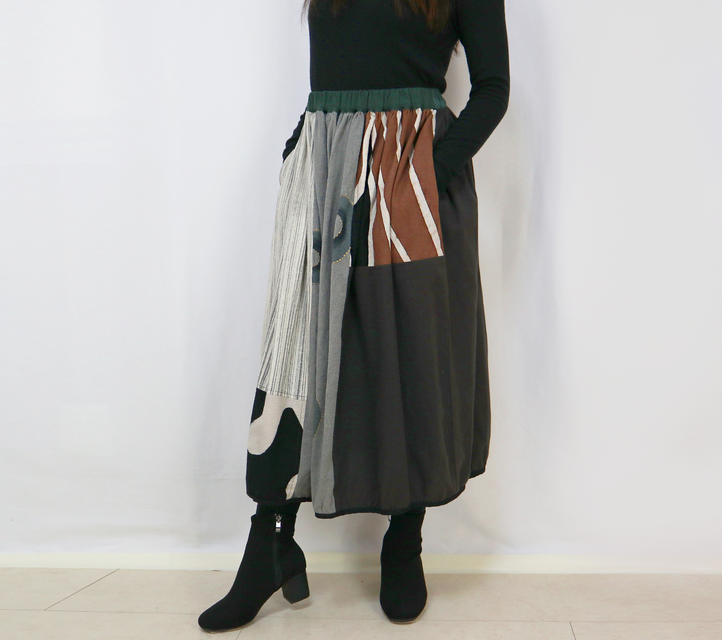 草木染め、手織り綿のパッチワークバルーンスカート、フリーサイズ