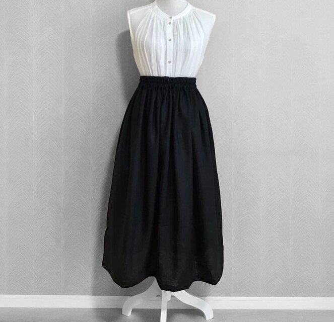 ヨーロッパリネン[ブラック]◇中厚リネン100％ ギャザースカート 