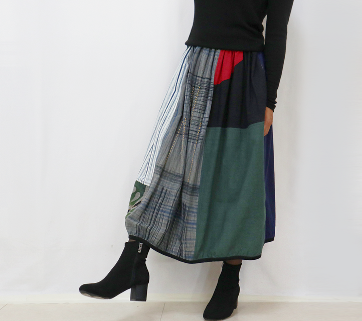 草木染め、手織り綿のパッチワークバルーンスカート、フリーサイズ