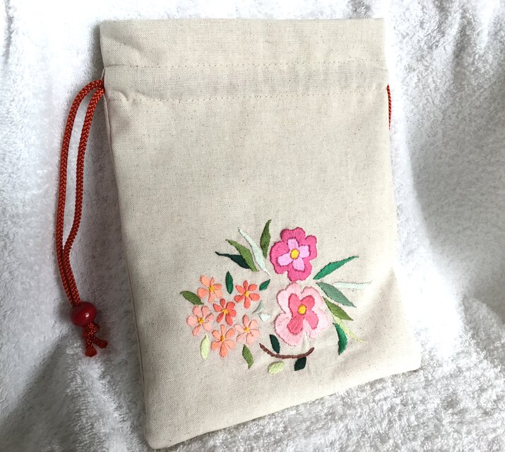 美品】mizutani douguten リネン巾着袋 花刺繍 花刺繍の巾着～オレンジ