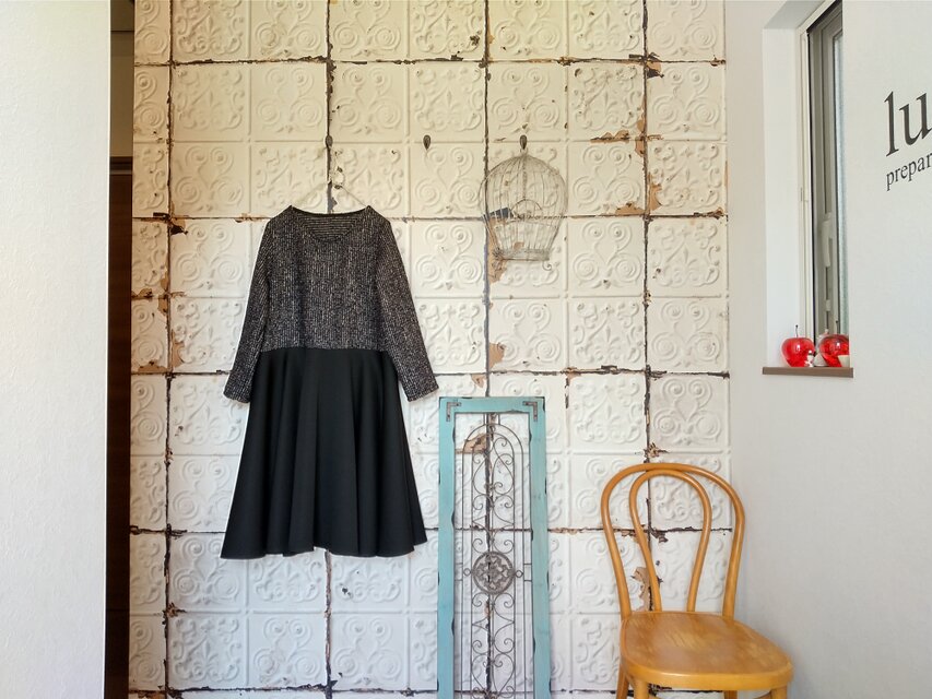 フォーマルokブラックツィードフレアワンピース