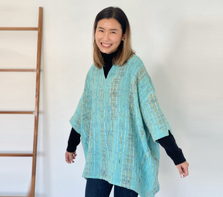 手織り綿ゆったりサイズのスキッパーチュニックブラウス、ブルーミックス