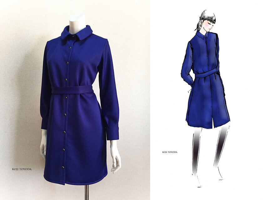 【1点もの・デザイン画付き】濃ブルージャージー系ニットシャツ型コートワンピース（KOJI TOYODA）