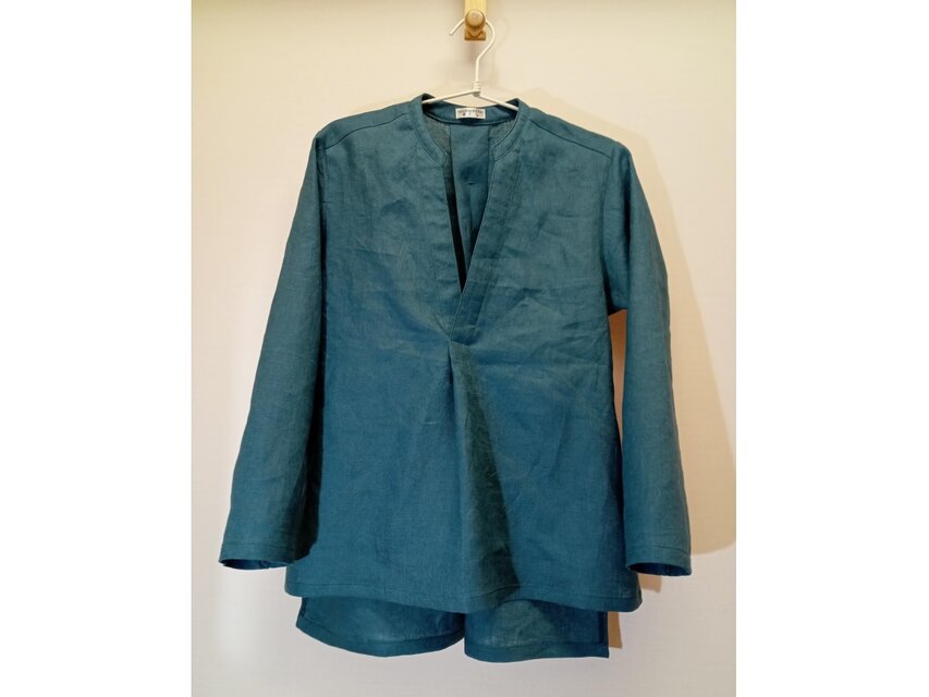 ☆スキッパーブラウス◆ビリジアン　リネン100％◆フリーサイズ