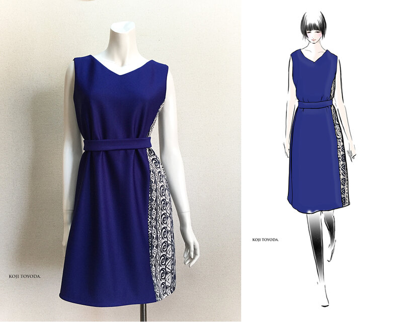 【1点もの・デザイン画付き】濃ブルージャージー系ニット＆ゴブラン織り切り替えワンピース（KOJI TOYODA）