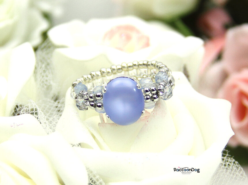 西ドイツ製グラスストーンサファイアムーンリング【ヴィンテージグラスストーン/ジルコニア ビーズリング】