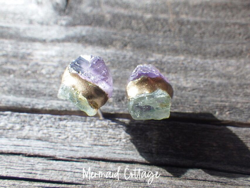 *sv925*Raw Amethyst &Aquamarine S　原石の金継ぎピアス☆アメジスト＆アクアマリン☆シルバー925